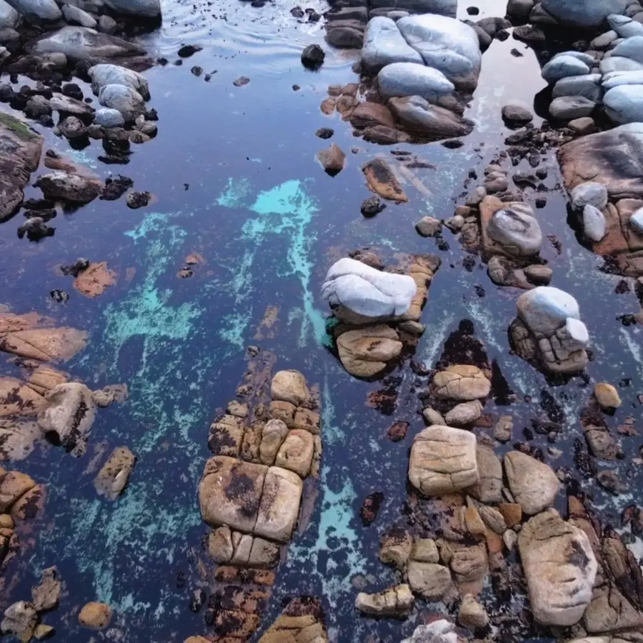Top-down drone shot of waves breaking over a rocky coastline at golden hour